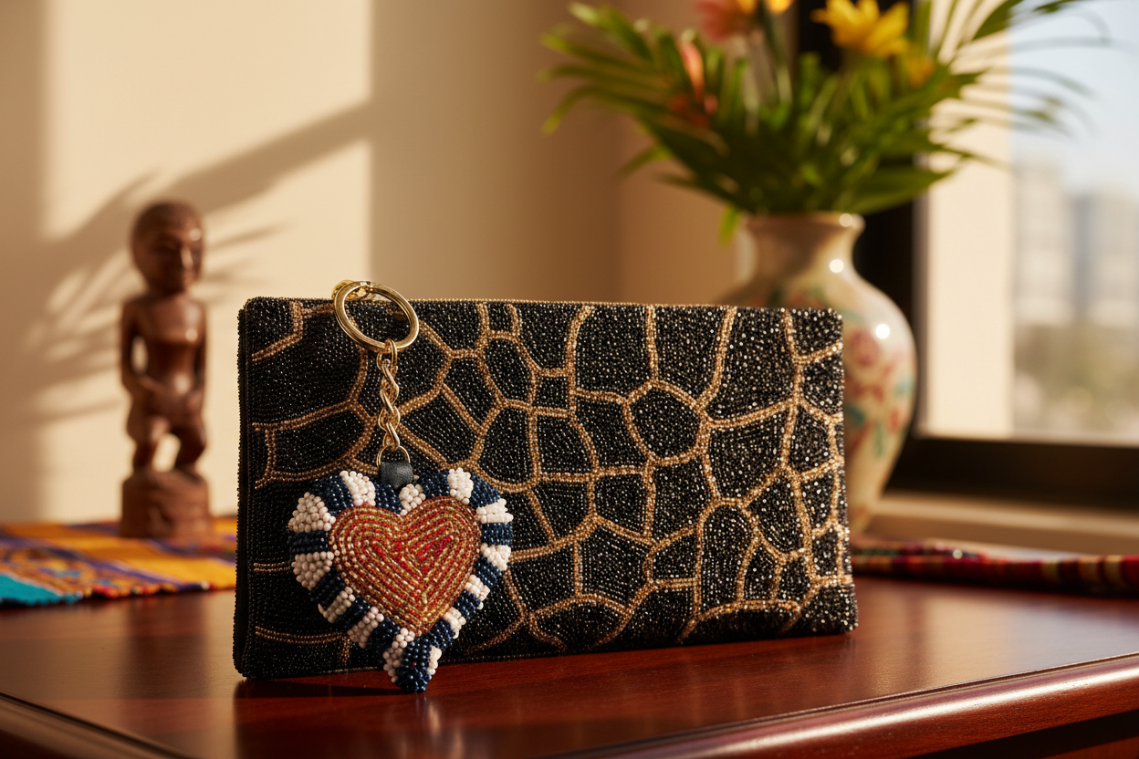 Color Block Heart Charm on Beaded Giraffe Clutch