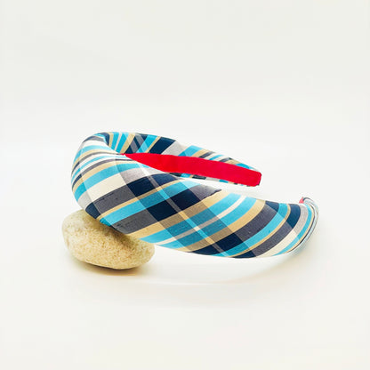 Soft Teal Windowpane Raw Silk Headband
