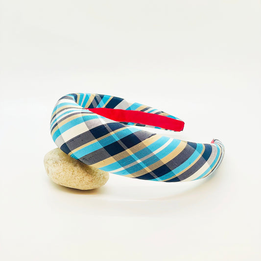 Soft Teal Windowpane Raw Silk Headband