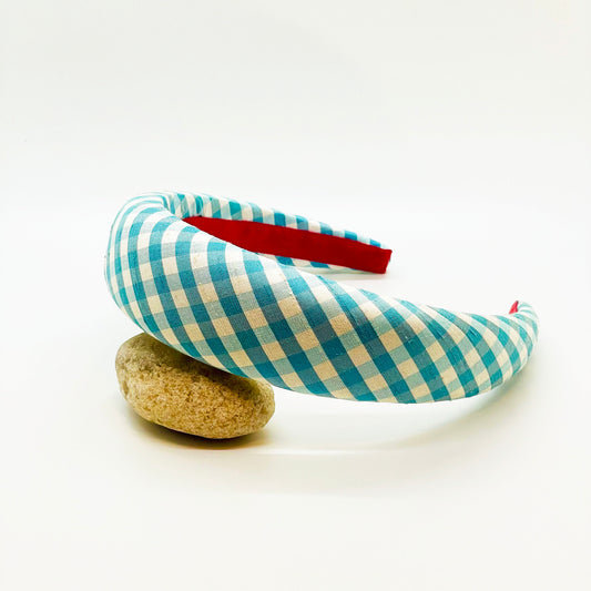 Teal Gingham Raw Silk Headband