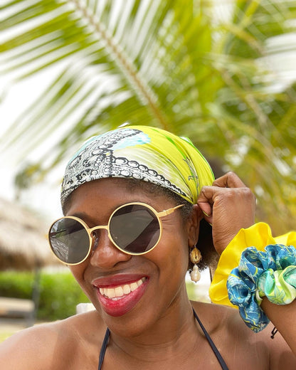 ocean scarf, shells, scrunchie, silk scrunchie, hair tie, silk hair accessories, made in Haiti