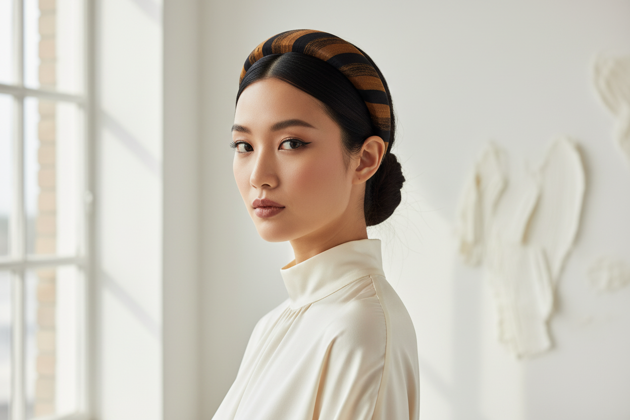 Another model wearing Dried Cane Silk Headband