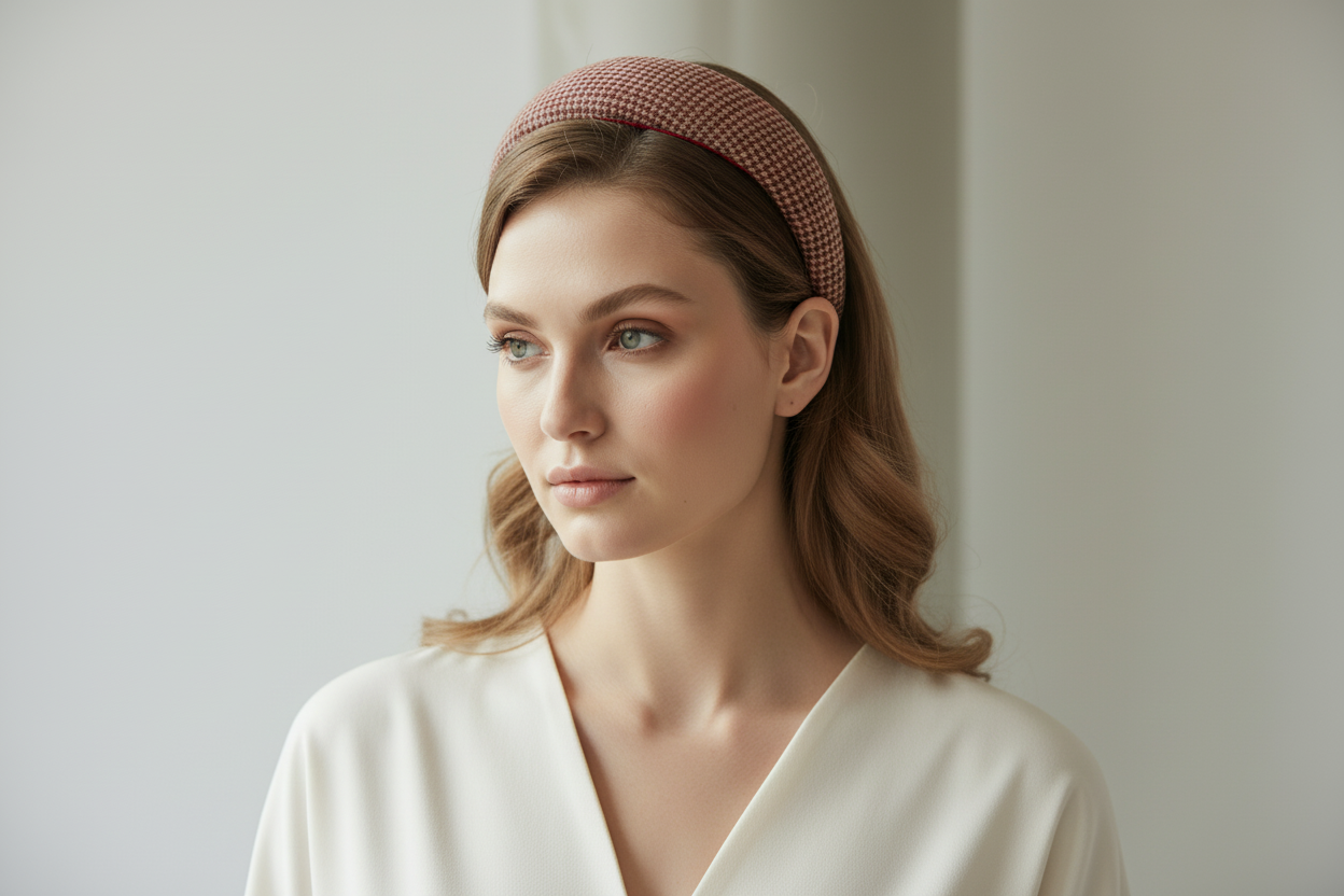 Close-up with seasonless styling of Crimson Wool Tweed Headband