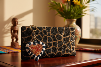 Color Block Heart Charm on Beaded Giraffe Clutch