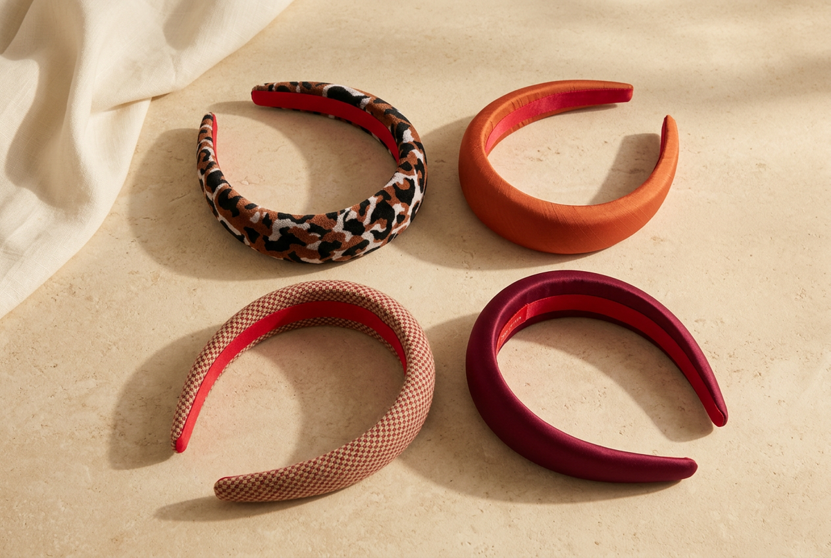 Fall headband flat lay in leopard, orange, Bordeaux, and crimson tweed