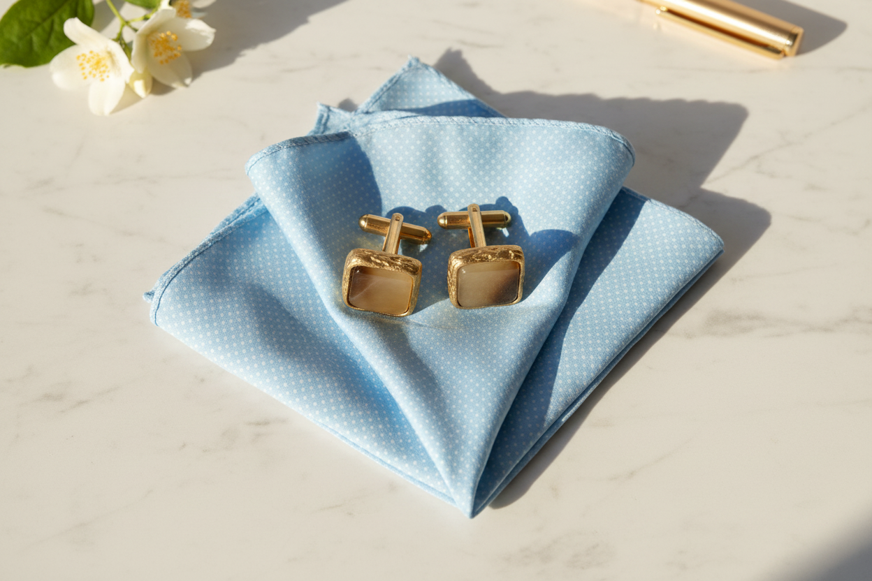 Gold Horn Cufflinks with Lt. Blue White Dot Silk Square – Flat Lay v2