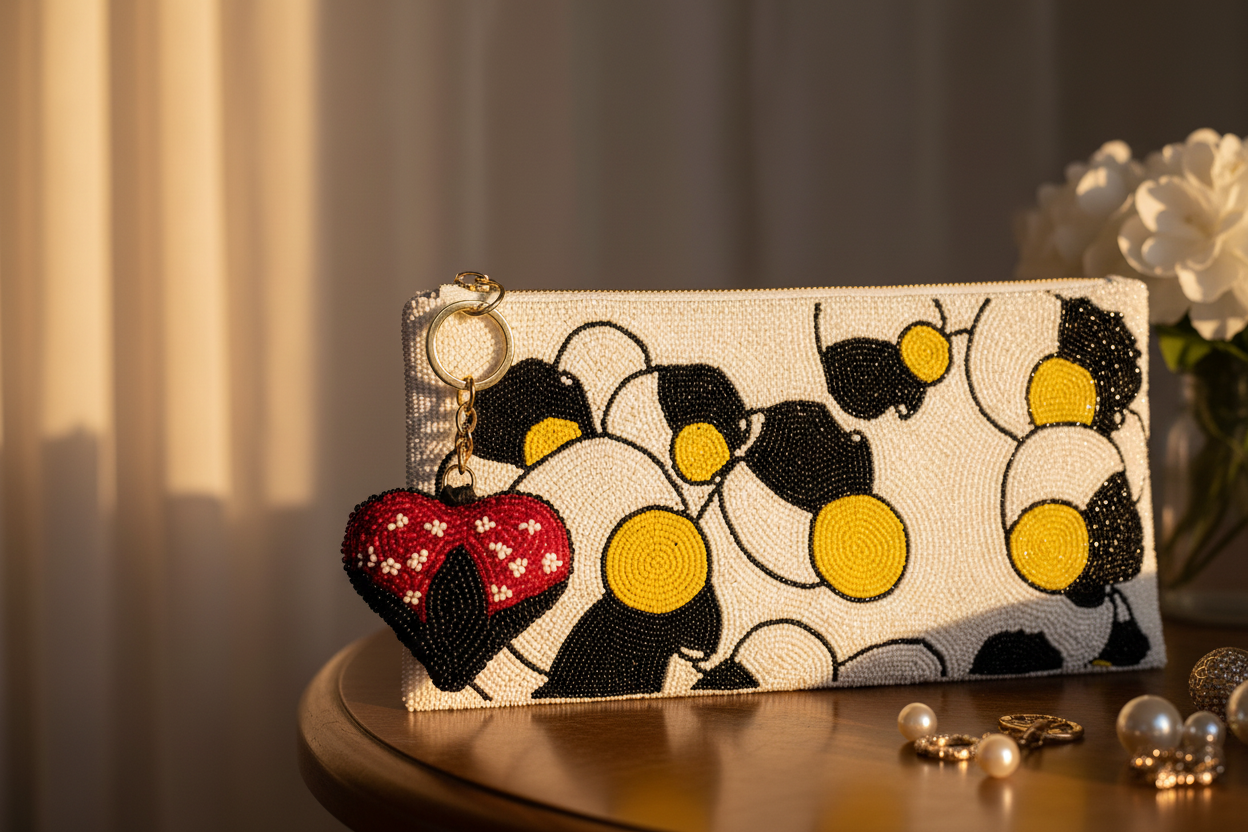 Ladybug heart charm on Potomitan clutch editorial