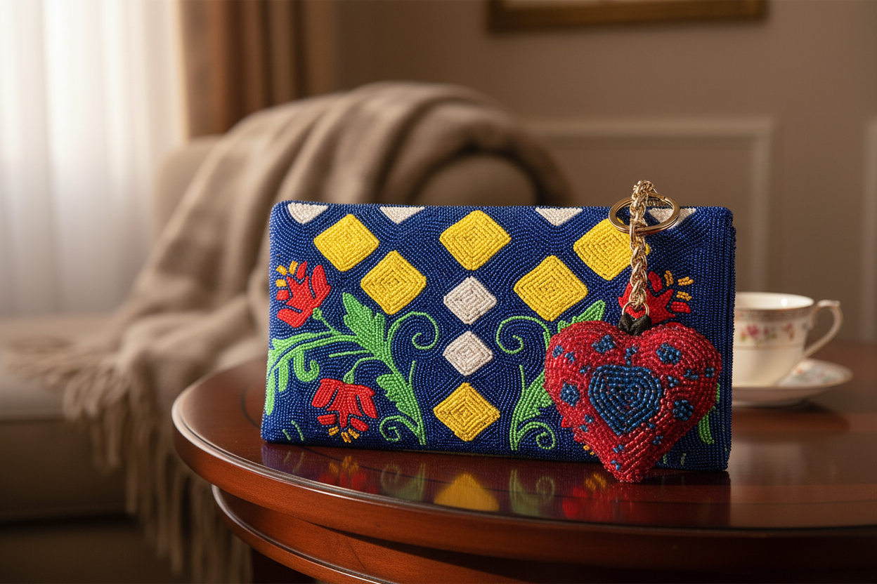 Patriot heart charm on Jardin Indigo clutch editorial
