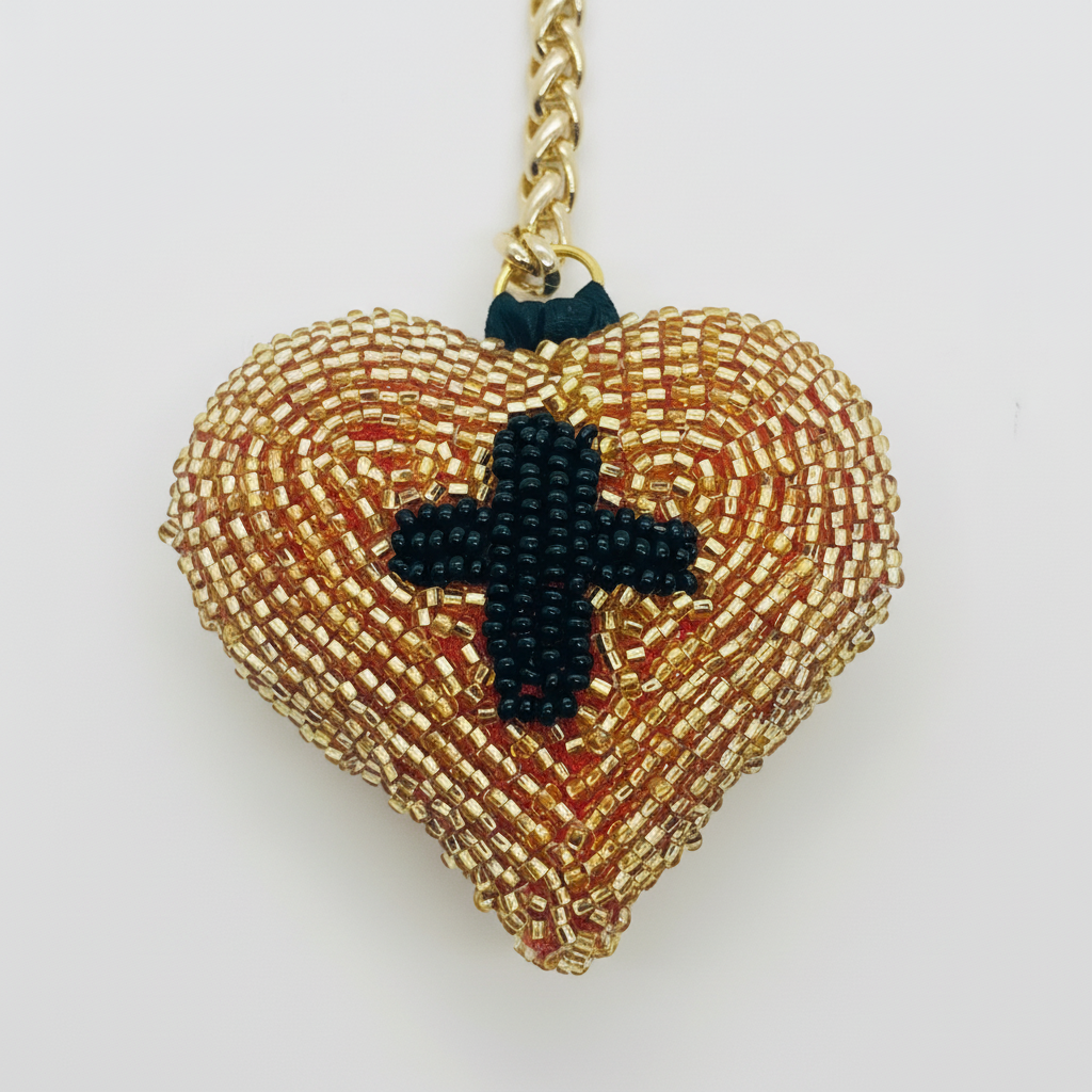 Close-up detail of sacred heart beadwork