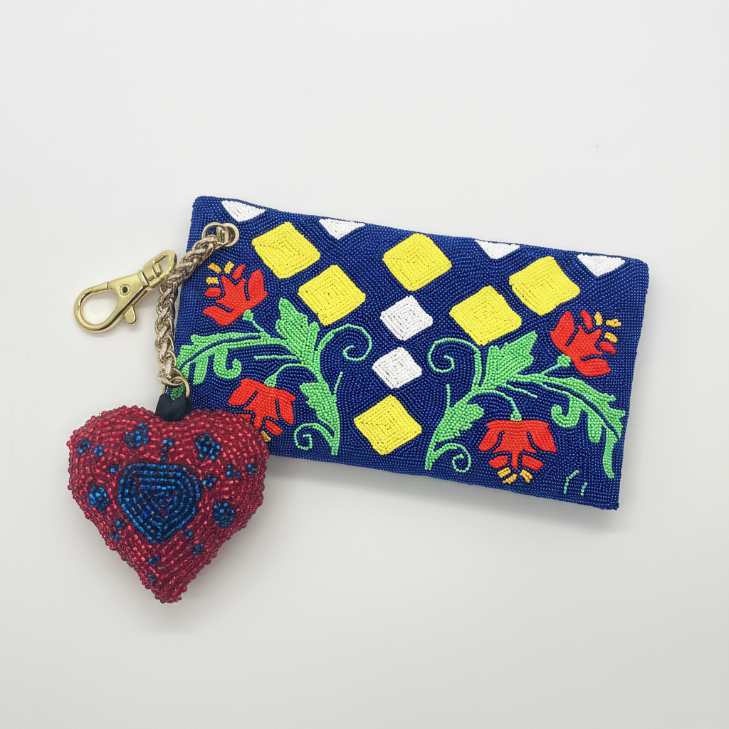 Patriot charm styled with Jardin Indigo clutch white background