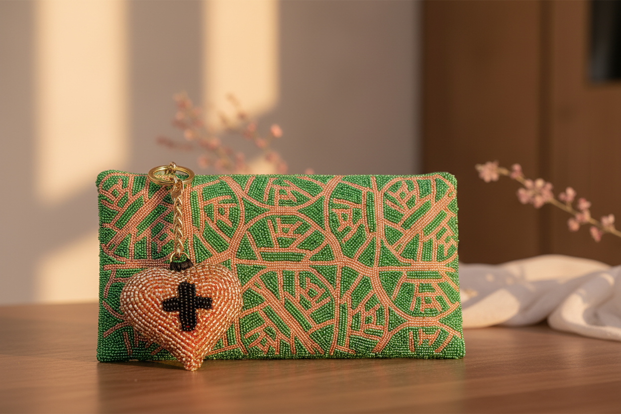 Sacred Heart charm on Ivy Rose clutch editorial