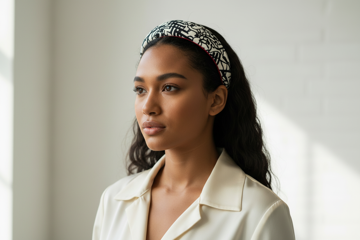Latin model wearing White Black Crosscheck African Print Headband