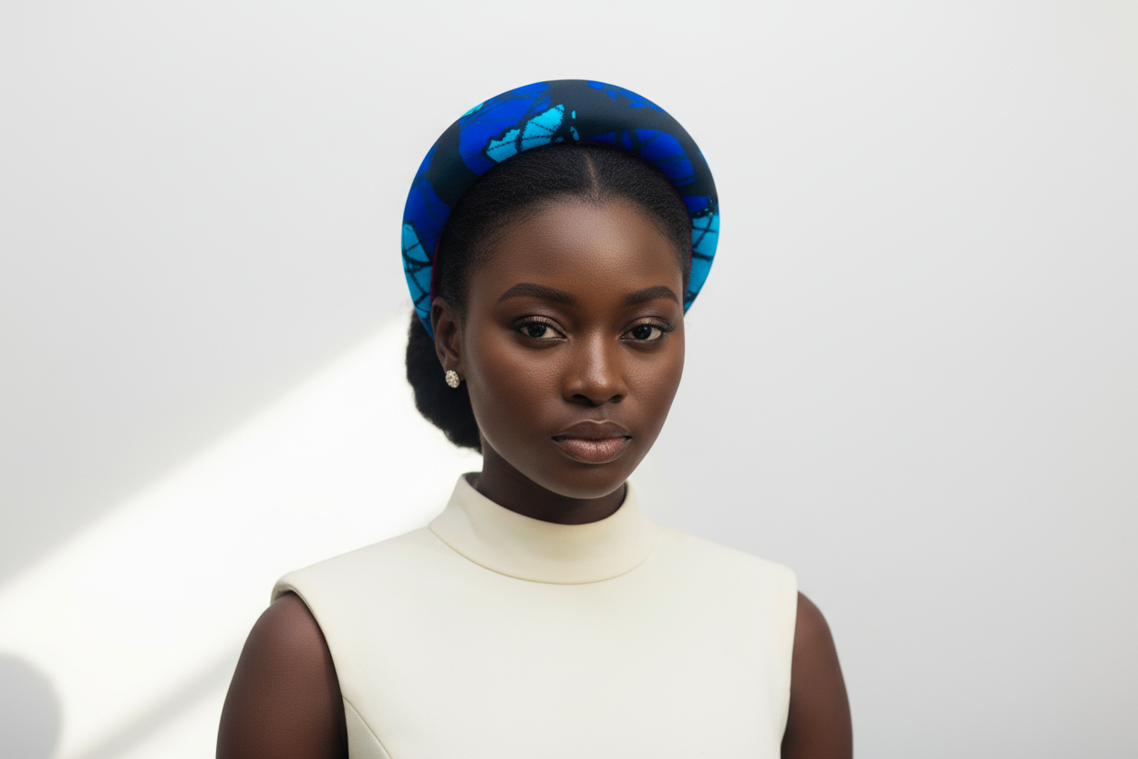 Person of color model wearing Indigo Patchwork African Print Headband