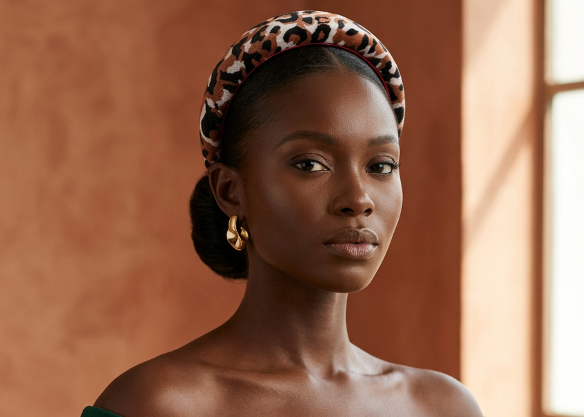 Petite Black model with regal emerald styling and leopard velvet headband