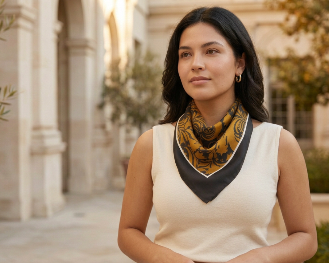 Polished young adult Latina model in Caribbean-chic styling wearing the Golden Garden Scarf